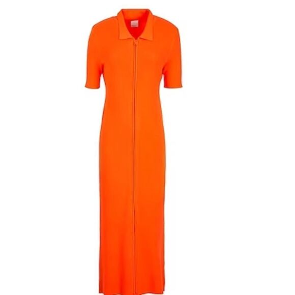 Woman ORANGE KNIT VISCOSE ZIP-UP POLO NECK DRESS Midi New with tag SIZE US XXL - Picture 2 of 5